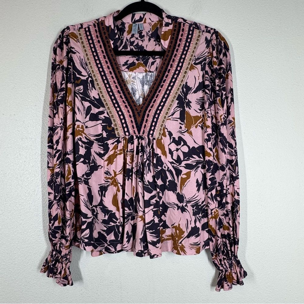 Anthropologie Blank London Stephanie Long Sleeve Top Pink Purple Embroidered XXS